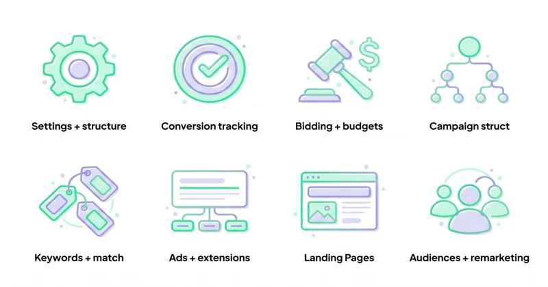 8 obszarów audytu Google Ads: Settings + struct, Conversion, Bidding, Campaign struct, Keywords + match, Ads + extensions, LP, Audiences + remarketing