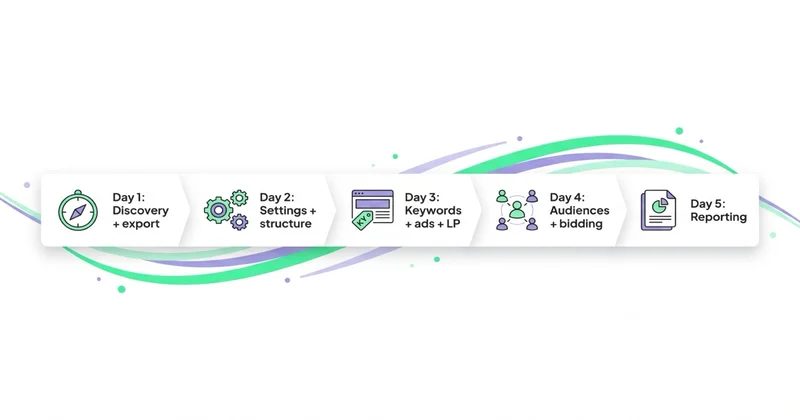 Workflow 5-dniowy audytu Google Ads: Discovery → Settings → Keywords → Audiences → Reporting