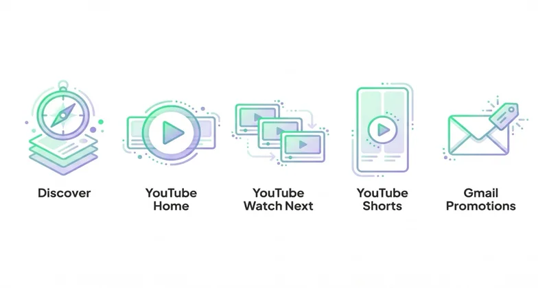 5 placementów Demand Gen: Discover feed, YouTube Home/Watch Next/Shorts, Gmail Promotions