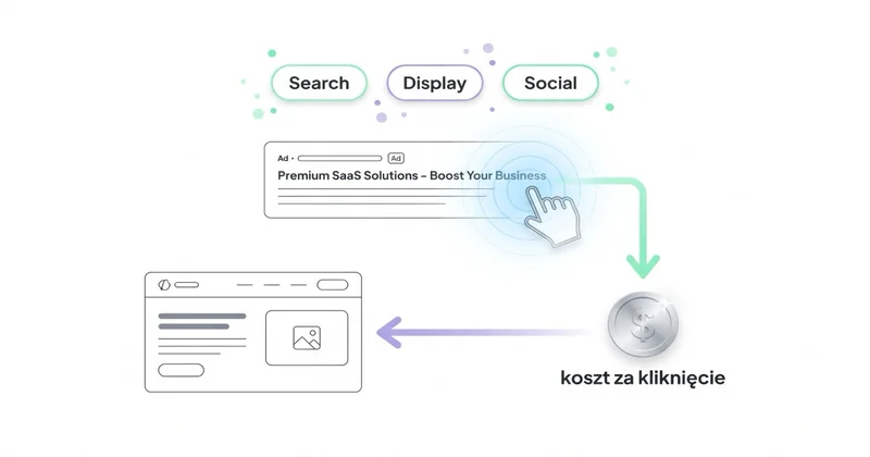 Mechanika PPC: klik → koszt za kliknięcie → landing, typy Search/Display/Social