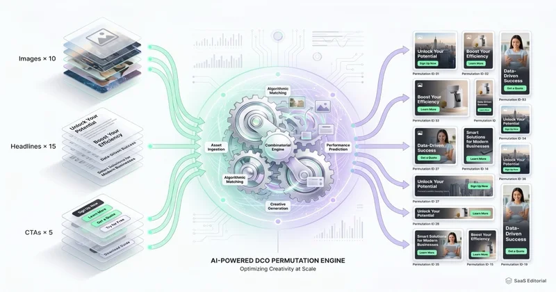 DCO permutation engine: assets (Images × 10, Headlines × 15, CTAs × 5) → AI mixer → wiele wariantów reklam