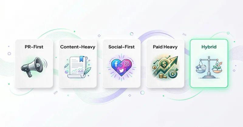 5 strategii brand awareness: PR-First, Content-Heavy, Social-First, Paid Heavy, Hybrid (rekomendowane)