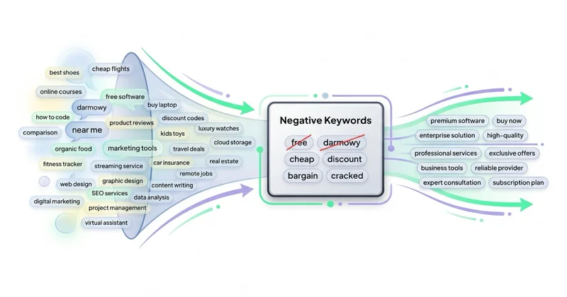 Filter negatywnych keywordów: szerokie zapytania → minus negatives (free, darmowy) → kwalifikowane queries