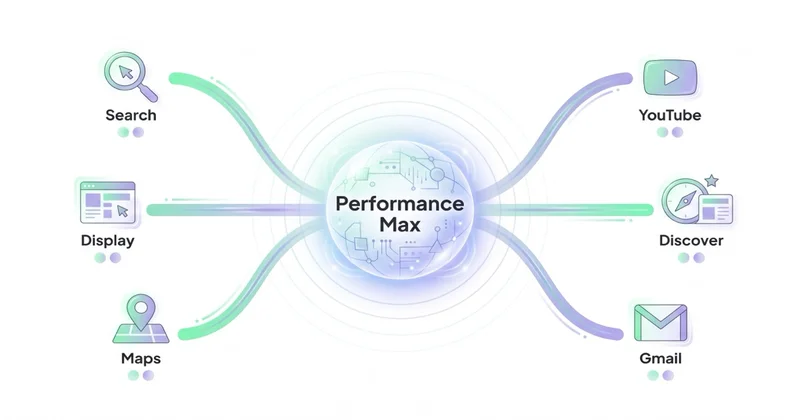 Performance Max channels hub: AI core radiating do Search, Display, YouTube, Discover, Gmail, Maps