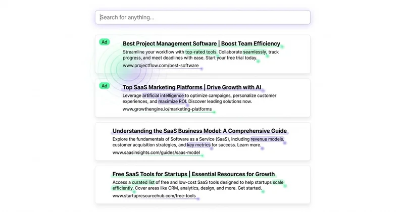 Layout SERP Google z reklamami tekstowymi w top pozycjach + wynikami organicznymi