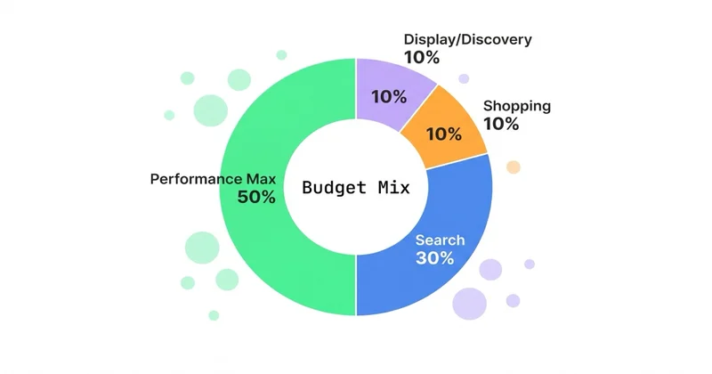 Mix budżetowy Google Ads: Performance Max 50%, Search 30%, Shopping 10%, Display 10%